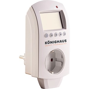 Könighaus Smart-Home Steckdosenthermostat, weiß, mit Display und Bedienelementen.