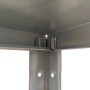 Detailaufnahme: Silbernes OBI Leichtmetall-Steckregal, Ecke mit Steckverbindung und Bohrlöchern.