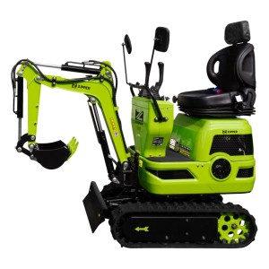 Zipper Benzin-Minibagger ZI-MBG600H, grüne Baumaschine mit Gummikette und Schaufel.