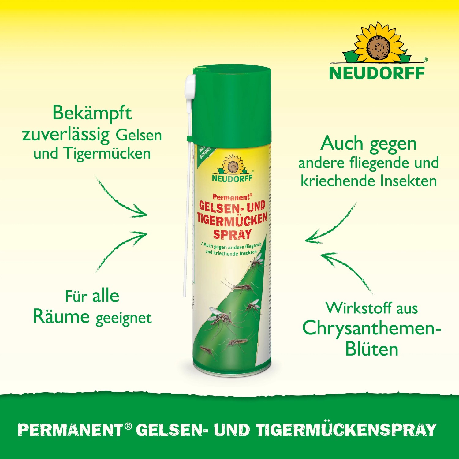 Grüne Neudorff Permanent Gelsen- & Tigermückenspray 500ml Dose. Bekämpft Mücken, Wespen, Fliegen mit Chrysanthemen-Wirkstoff.