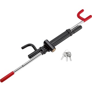 Lenkrad-Absperrstange mit Kreuzschloss und drei Schlüsseln für erhöhte Sicherheit.