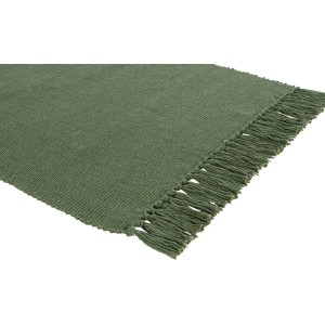 Dunkelgrüner Baumwollteppich (50x80 cm) mit Fransen, geeignet für Wohnzimmer oder Flur.