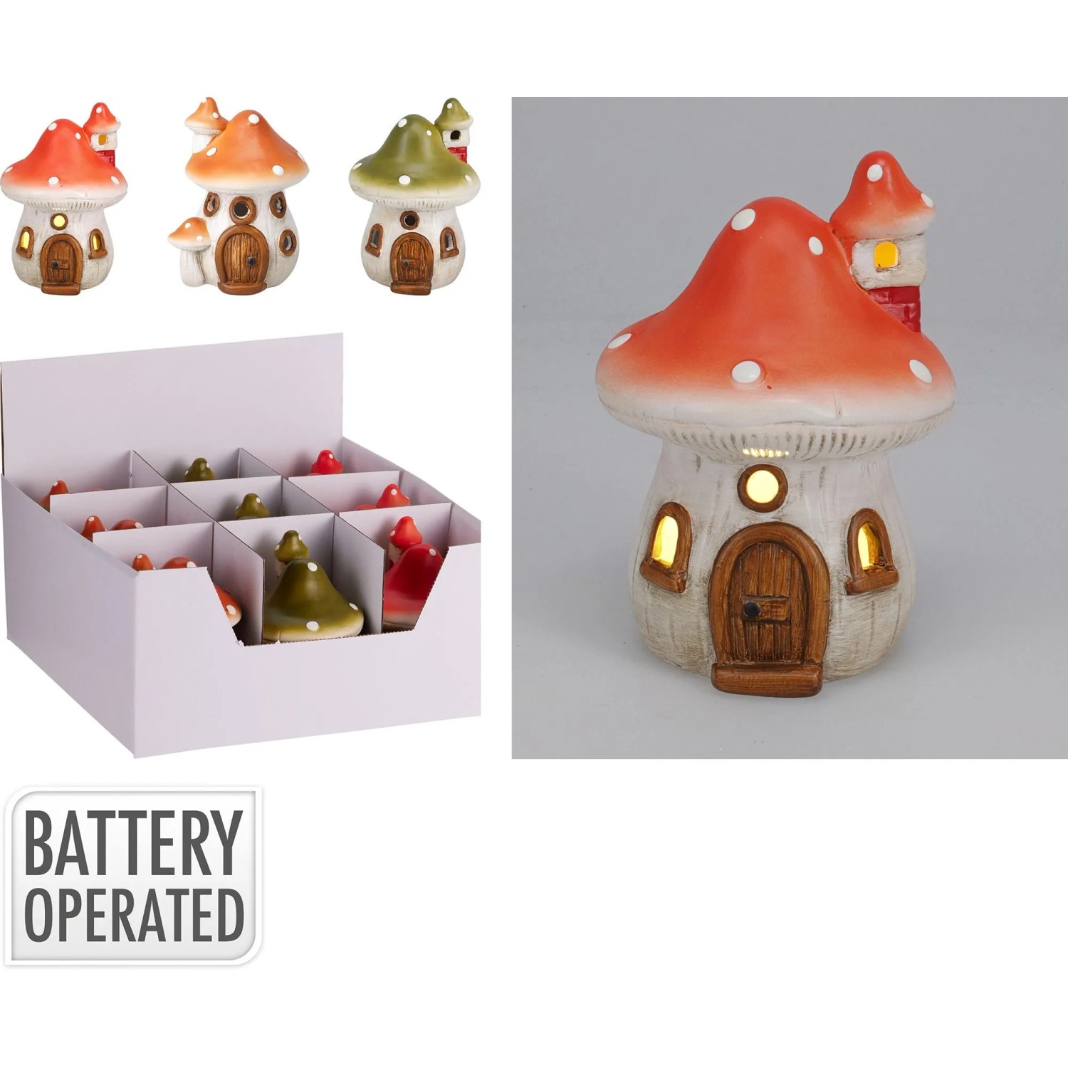 Mehrfarbige Deko-Pilze aus Terrakotta mit LED-Beleuchtung. Rote, orange, grüne Figuren mit weißen Punkten, batteriebetrieben, sortiert.