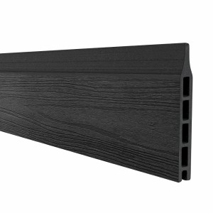 Detailaufnahme: WPC Einzeltor Artura in Schiefergrau mit Holzstruktur.