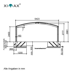 Technische Zeichnung des braunen Ximax Carport Portoforte-110 M mit Maßangaben.