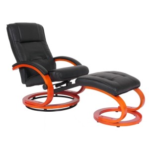 Schwarzer Relaxsessel Aprilia mit Hocker und Holzgestell, um 360° drehbar.