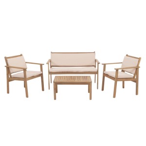 MCW Gartenmöbel-Set: Bank, zwei Stühle und Tisch aus Akazienholz mit beigen Kissen.
