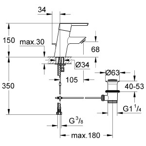 Technische Zeichnung: Grohe Feel Einhebelmischer Waschbeckenarmatur, Chrom, mit Maßangaben.