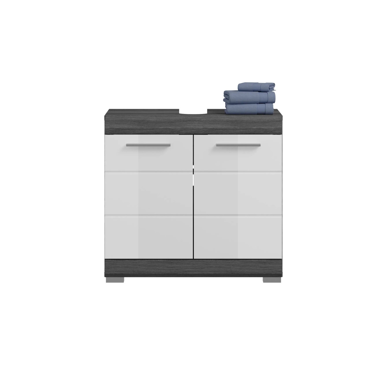 Waschbeckenunterschrank in Weiß und Rauchsilber, 60x56x34 cm, mit zwei Türen. Badmöbel.