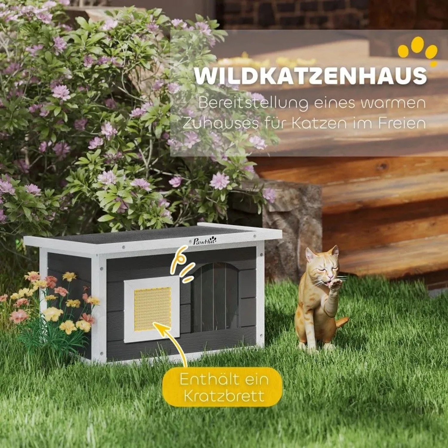Graues Outdoor-Katzenhaus aus Tannenholz mit weißem Rand und gelber Kratzmatte auf grünem Rasen. Eine Katze sitzt daneben.