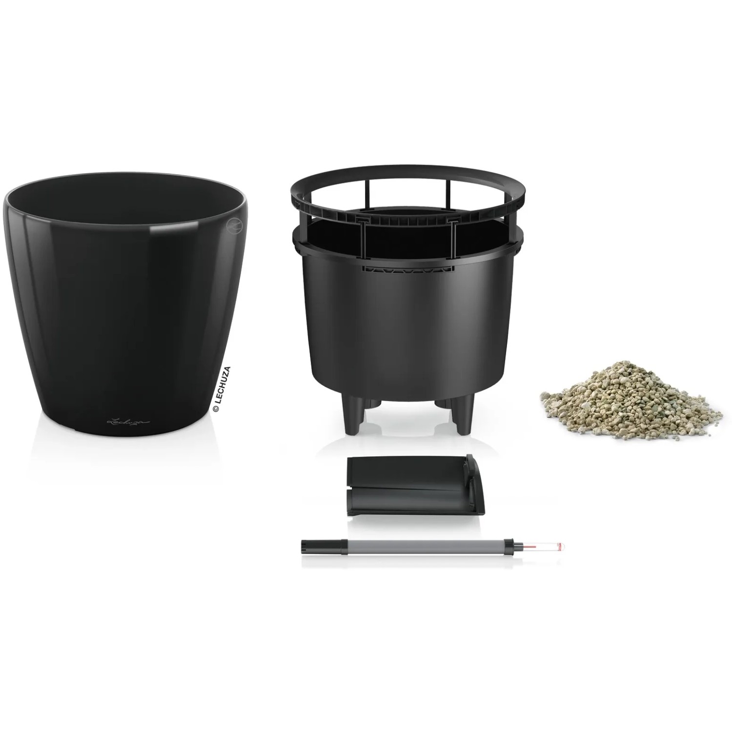 Lechuza Classico Premium LS Pflanzgefäß, Ø 50cm, schwarz hochglanz, mit Bewässerungssystem und Zubehör.
