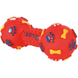 Rote Jollypaw Vinyl Hantel, 15 cm, Kauspielzeug mit Pfoten- und Knochenmuster.