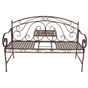 Braune 2-Sitzer Gartenbank Saket aus Metall mit hochklappbarem Tisch und Zierornamenten.