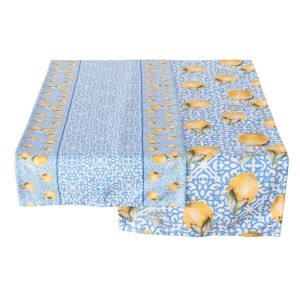 Tischläufer Capri mit Zitronenmuster in Blau, Weiß und Gelb, 140x40 cm. Dekorativer Tischschmuck für den Innenbereich.