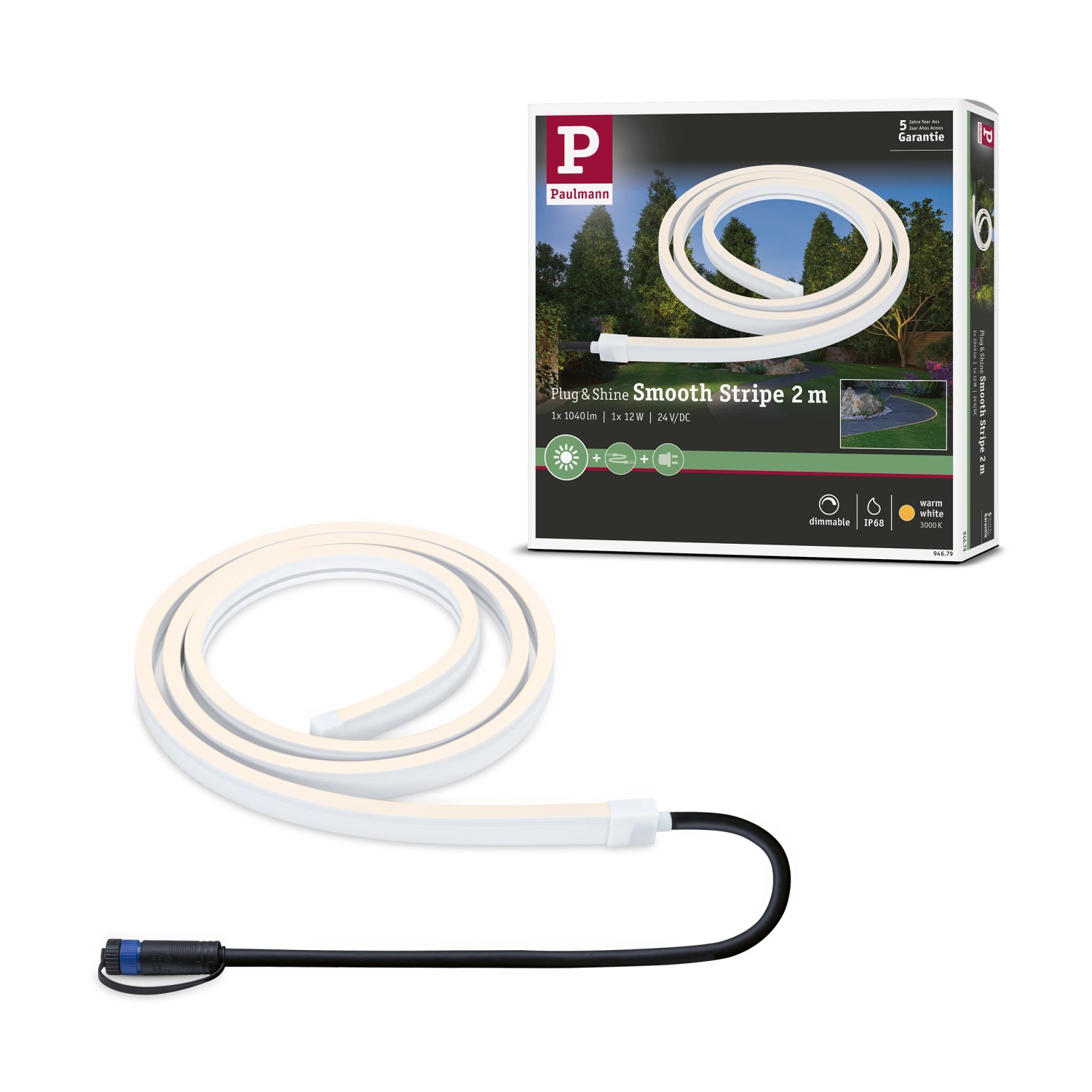 Paulmann LED-Stripe Plug & Shine Smooth, 2m, warmweiß, für Außenbeleuchtungssysteme.