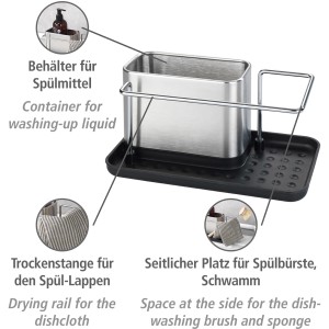WENKO Spülorganizer Orio Edelstahl: Spülmittelbehälter, Trockenstange und Ablage für Küchenhelfer.