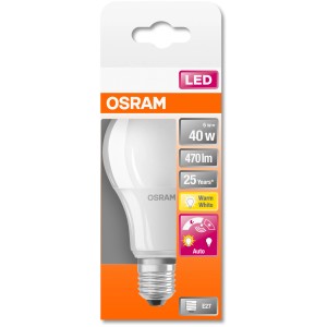 Osram LED-Lampe E27, 6W, matt, warmweiß. Glühlampenform mit Tag/Nacht Sensor.