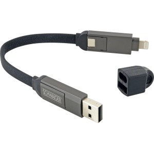 Schwaiger 4-in-1 Ladekabel schwarz mit USB-A, USB-C, Lightning Anschlüssen und Schlüsselring. Stoffummanteltes Flachkabel.
