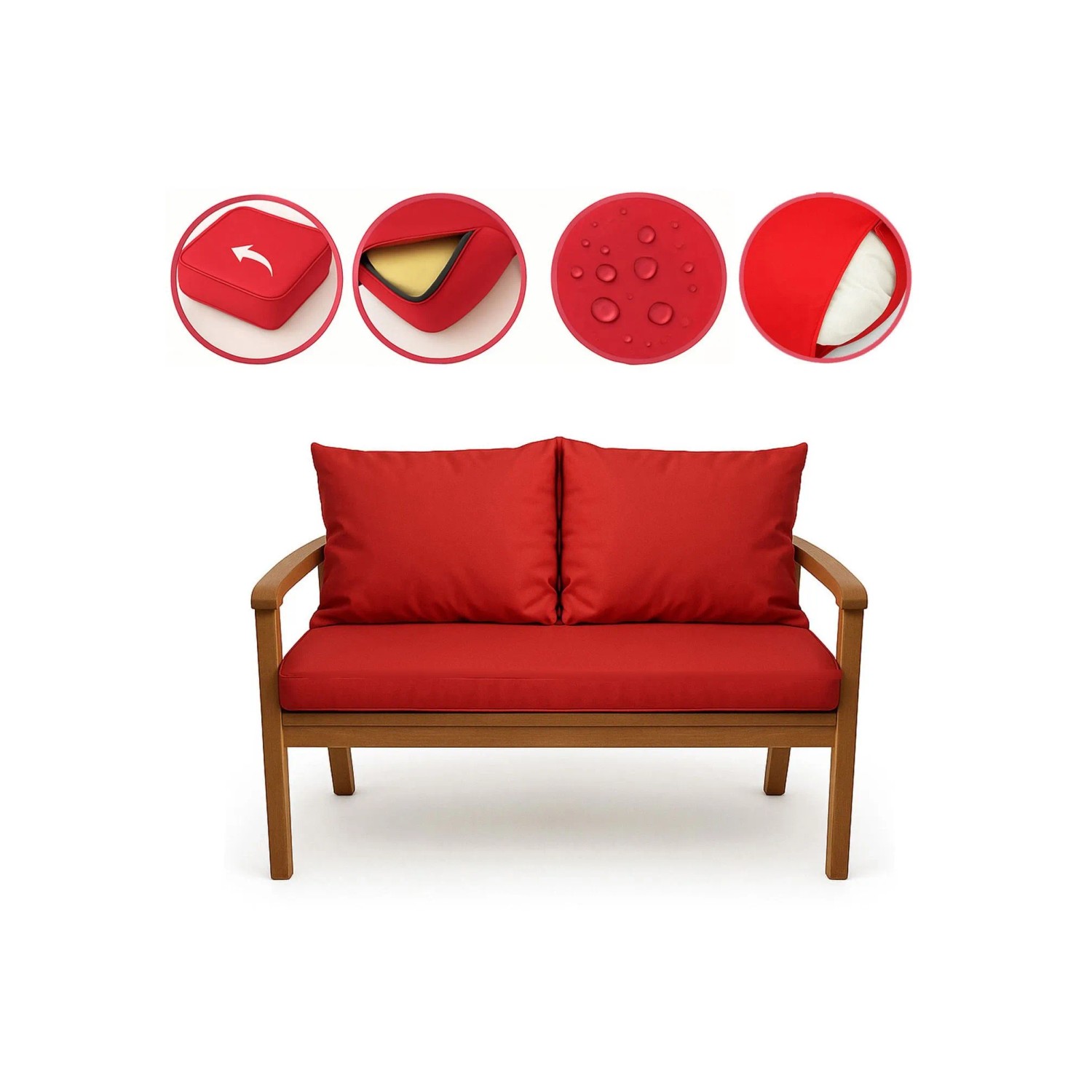 Rotes Setgarden Bankkissen-Set für 2-Sitzer Gartenbank, 130x50 cm + 2 Rückenkissen.