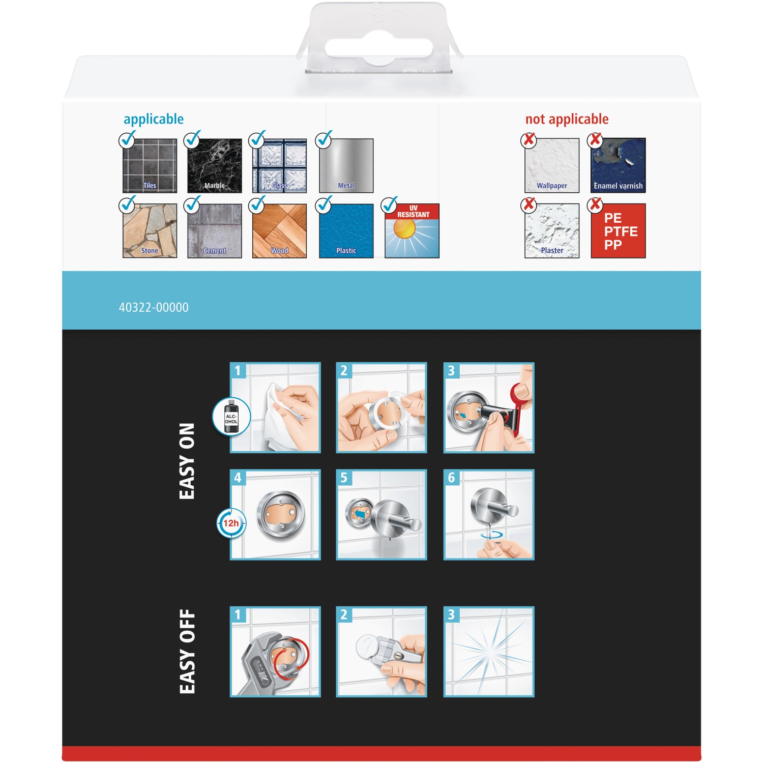 Verpackung des Tesa Handtuchhalter-Rings Smooz, Montageanleitung mit Anwendungsbereichen.