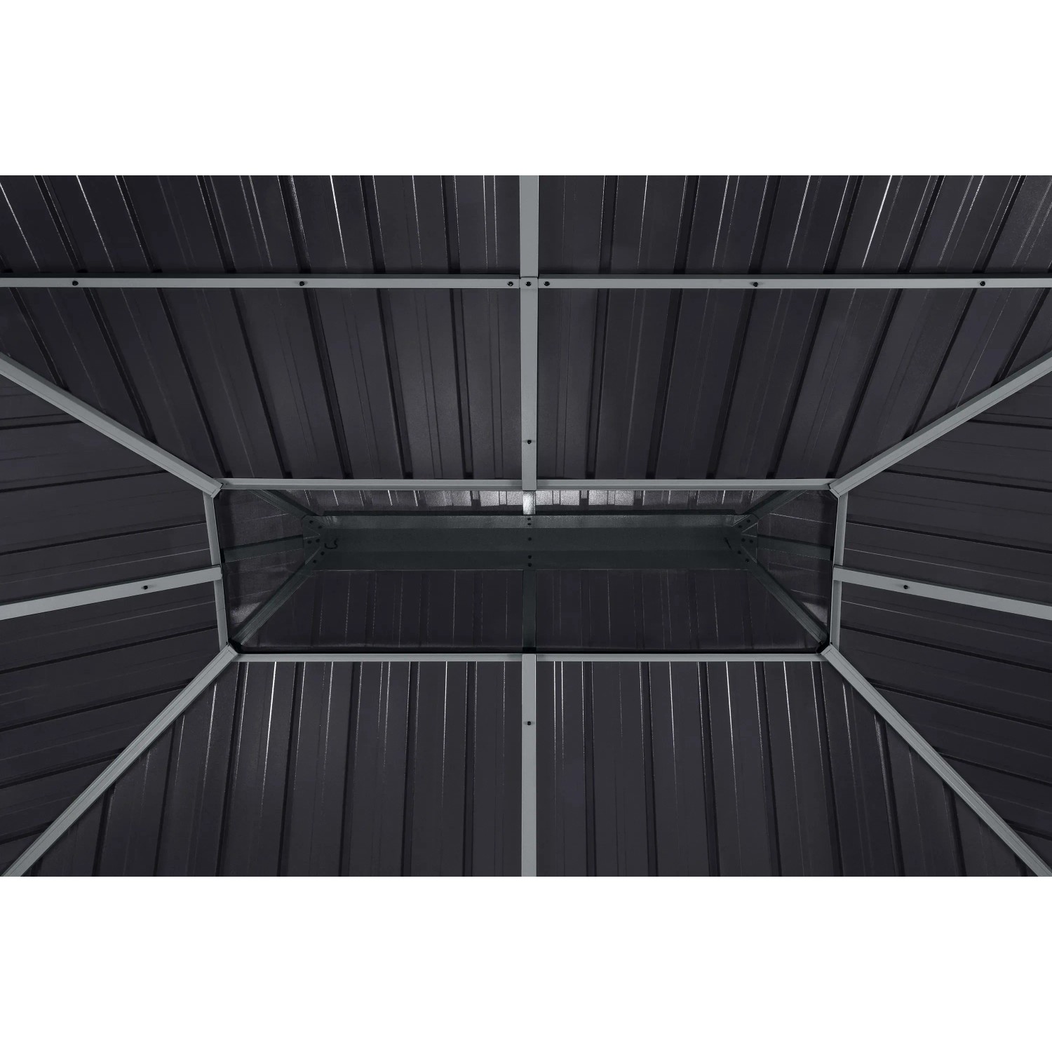 Innenansicht des Sojag Pavillon Olan 1014, Dach aus Stahlblech und Aluminiumkonstruktion.