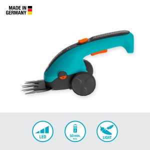 Gardena Akku-Grasschere ClassicCut Li Set mit Teleskopstiel und Rädern für präzise Rasenkanten.