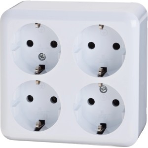 Weiße 4-fach Aufputz-Steckdose für den Innenbereich.