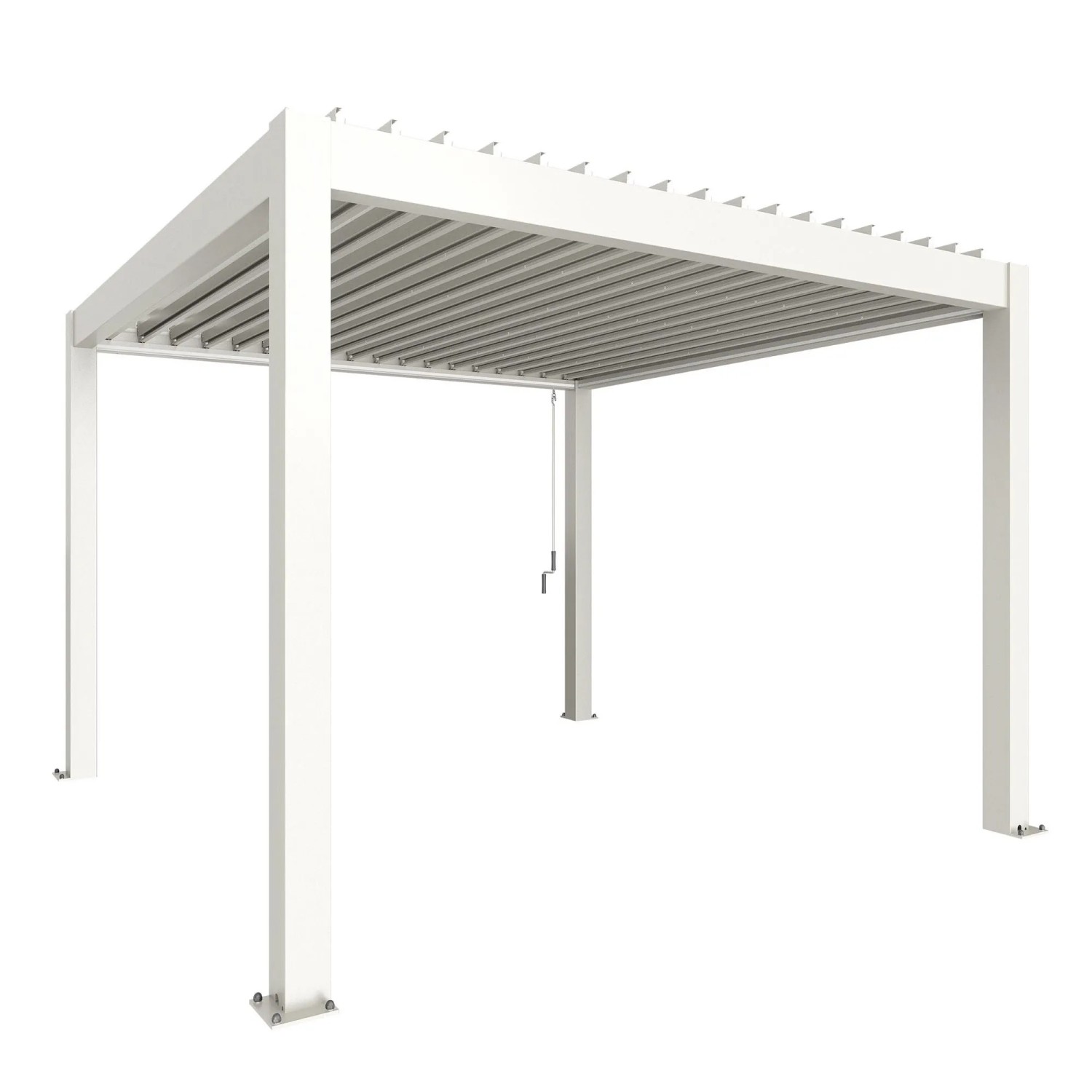 Weiße Biohort Pergola 3,5x3,5m: Moderne Terrassenüberdachung mit Lamellen.
