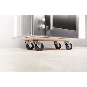 Rechteckiges Transportbrett TE-300 mit 300 kg Tragkraft und Rollen unter einem Gerät.