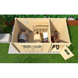 Weka Holz-Gartenhaus Brixen mit Flachdach, zwei Räume, von oben mit Grill, Regal, Fahrrad.