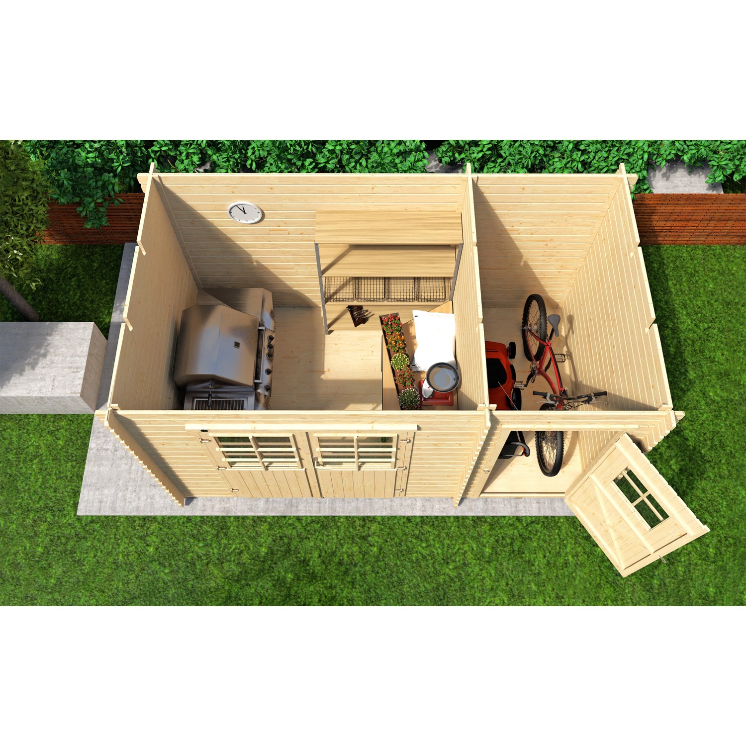 Weka Holz-Gartenhaus Brixen mit Flachdach, zwei Räume, von oben mit Grill, Regal, Fahrrad.