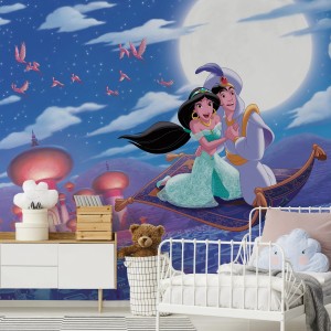 Fototapete Vlies Disney Aladin und Jasmin auf fliegendem Teppich vor Mond.