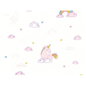 A.S. Création Papiertapete Boys & Girls 6: Weiß-rosa Einhorn-Muster für Kinderzimmer.
