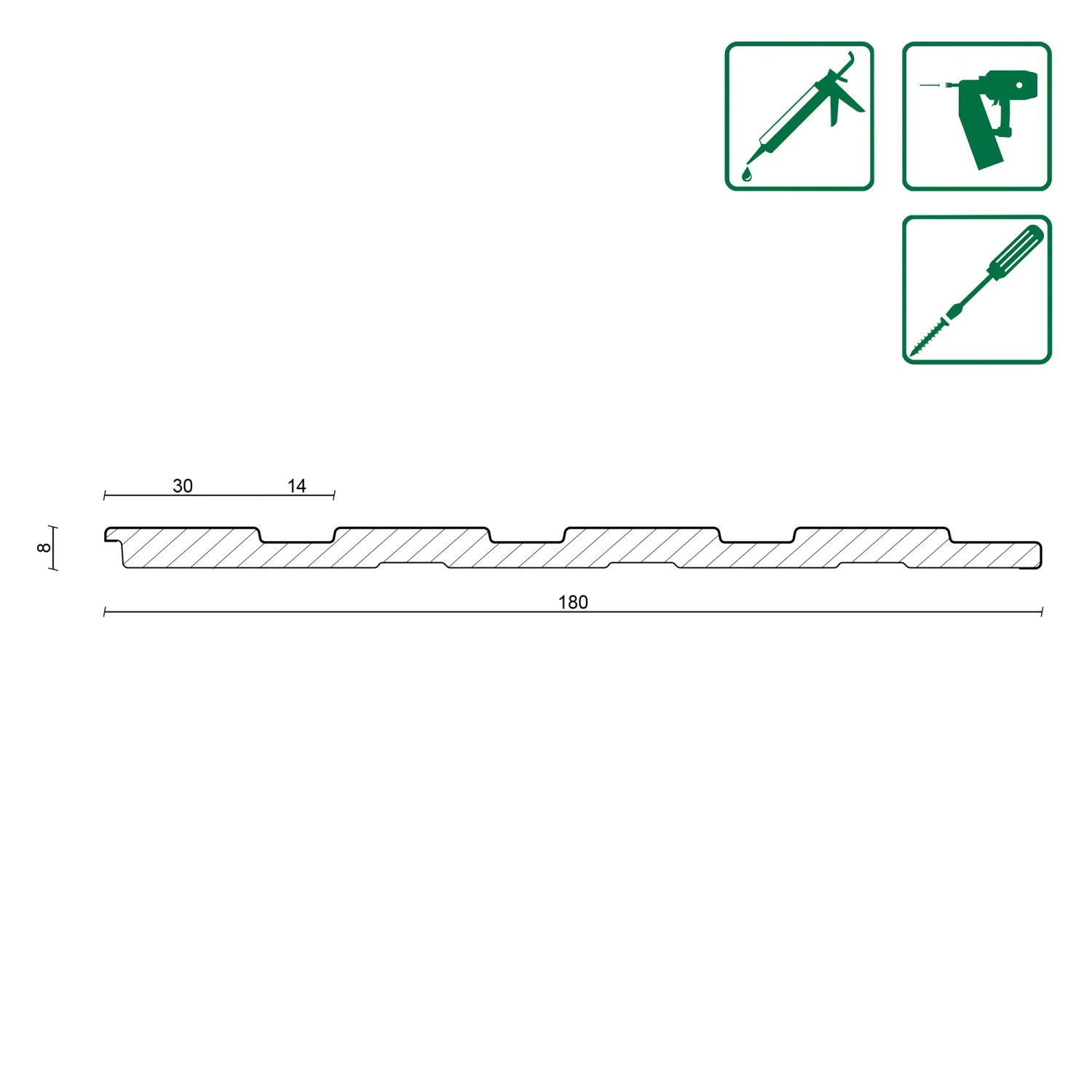 Schnittzeichnung FN Acustico Wandpaneel FN Wally Tiger, Eiche Dekor, Maße 18x0,8x267cm, 5er Set.