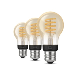 3er-Pack Philips Hue E27 LED-Lampen in Glühlampenform mit warmweißem Licht.