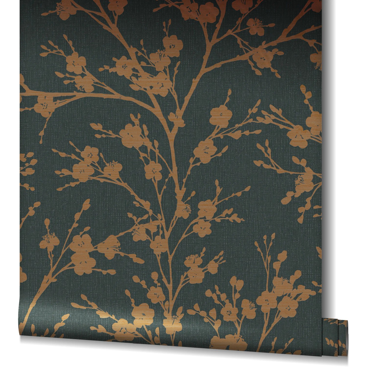 Marburg Vliestapete Ivy Nov Floral Gold: Rolle Dekorative Tapete mit goldenem Blumenmuster auf dunklem Grund.