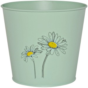 Mintgrüner Zink Eimer Kräutertopf mit Blumenprint, lackiert, 16x18,5 cm.