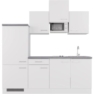 Flex-Well Küchenzeile Joelina, 210 cm, Weiß matt/Beton Grau, mit Kühlschrank, Kochfeld, Spüle und Mikrowelle.