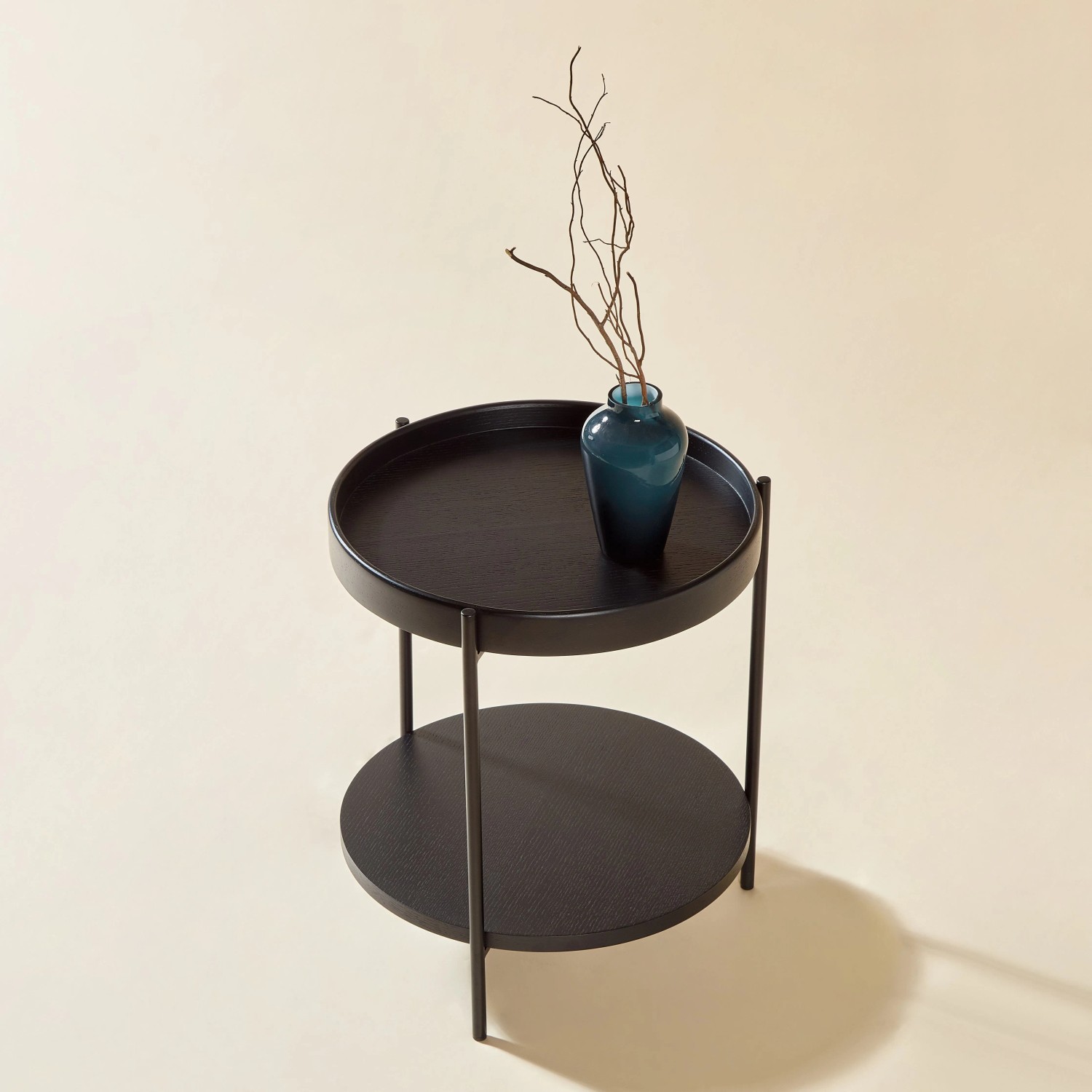 okwish Couchtisch mit Massivholz Metall Wohnzimmer 2-stöckig Rundtisch 44x44x48cm Schwarz_3
