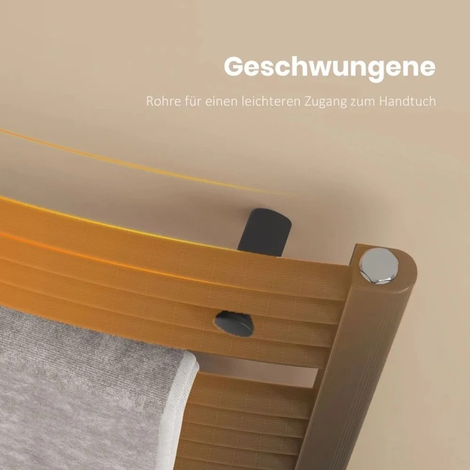 Anthrazitfarbener, gebogener Emke Badheizkörper mit Handtuch. Die geschwungenen Rohre erleichtern den Zugang.