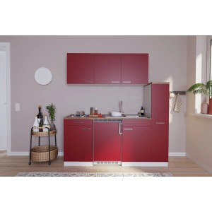 Respekta Küchenzeile KB180WR, 180 cm, rot-weiße Single-Küche mit Spüle, Kochfeld und Kühlschrank.