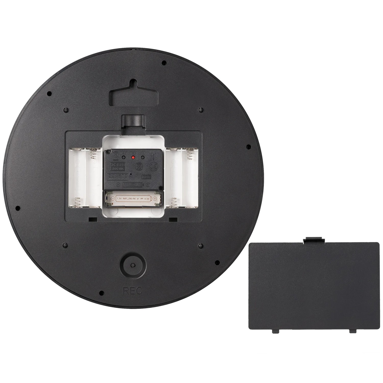 Rückseite der weißen Bresser Wanduhr MyTime mit Batteriefach und Funkuhrwerk.