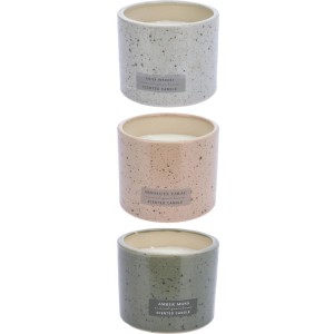 Duftkerze im Keramiktopf mit Holzdeckel, verschiedene Farben und Duftrichtungen.