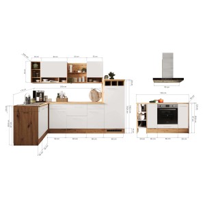Weiße Respekta Winkelküche Hilde 280x172 cm mit Elektrogeräten und Kücheninsel.