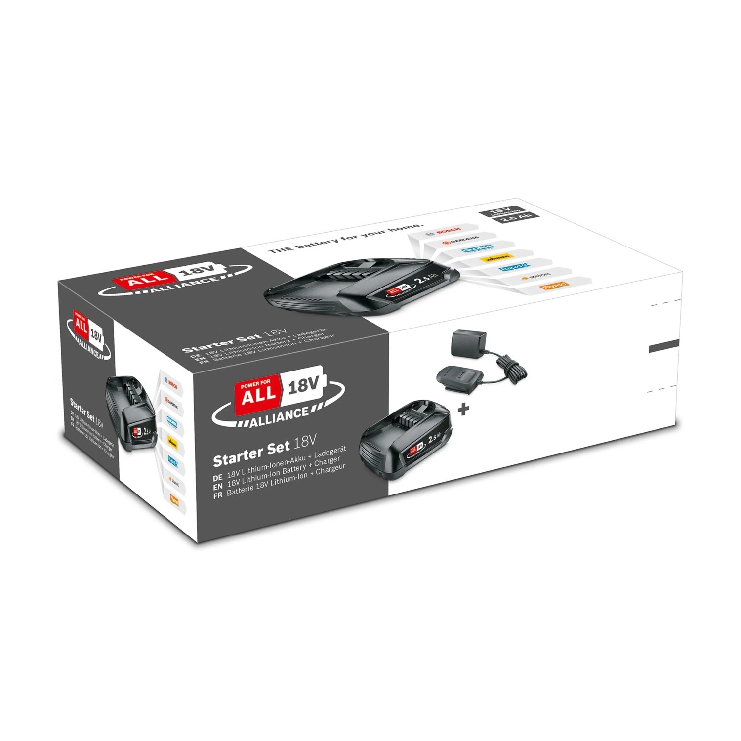Bosch Akku Starter-Set 18V mit 2,5 Ah Akku und Ladegerät in der Verpackung.