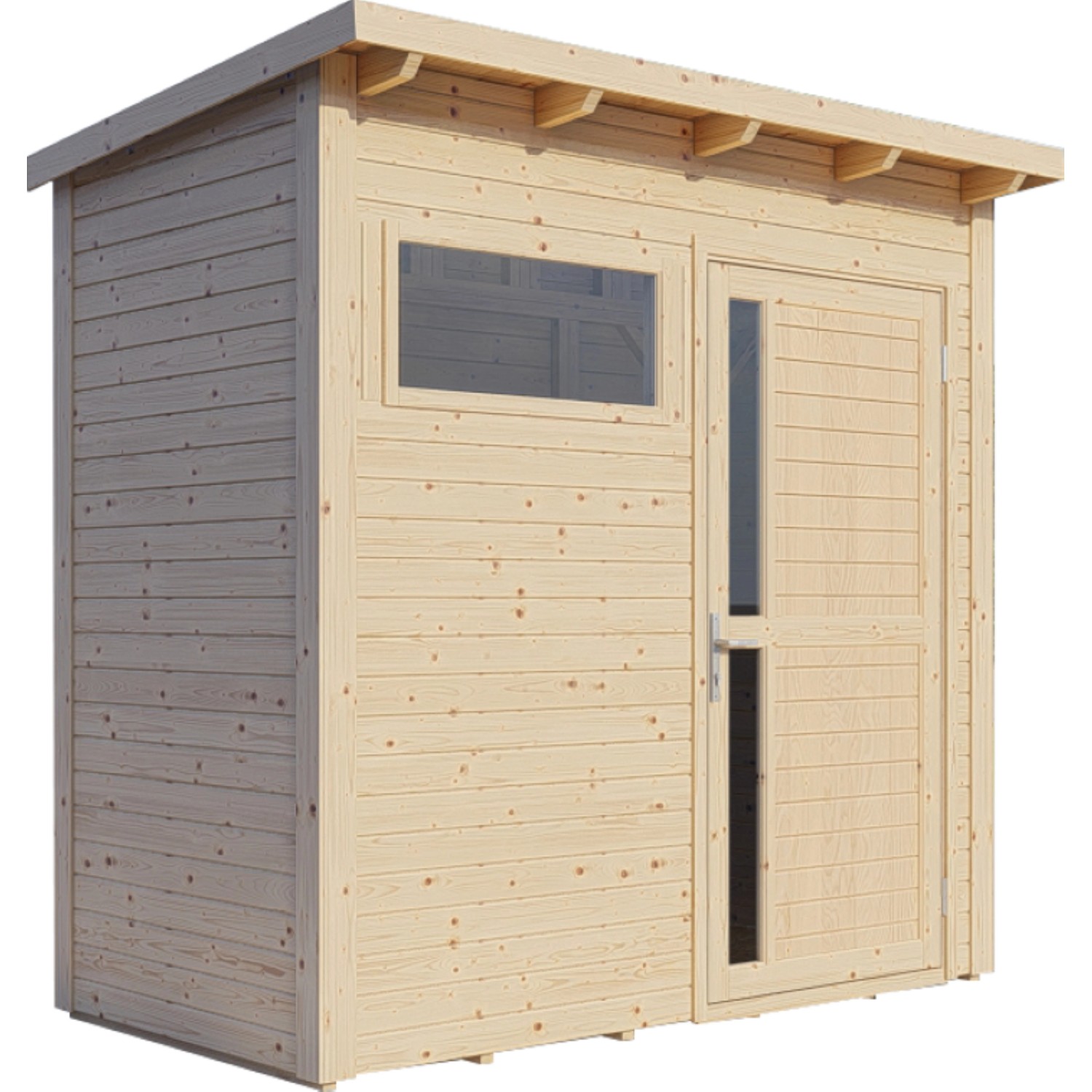 Bertilo Gartenhaus Pentus 1 aus Holz, naturbelassen, mit Fenster und Tür.