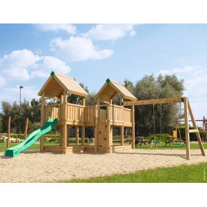 Hy-Land Spielgerät P6S mit Rutsche, Doppelschaukel. Spielturm aus Kiefernholz mit Kletterwand und Sandkästen.