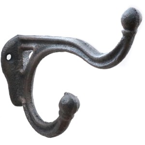 Doppelter Kleiderhaken aus Gusseisen, ideal für Garten und Zuhause. Robuster Wandhaken mit zwei Aufhängemöglichkeiten.