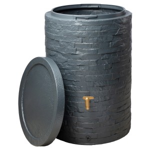 4rain Regenspeicher Arondo 400 l in Grau mit Steinoptik und Auslaufhahn.