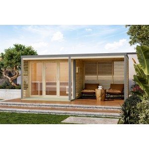 Karibu Saunahaus "Seros 3" mit Ofen 9 kW Bio Extern Naturbelassen/Graualuminium